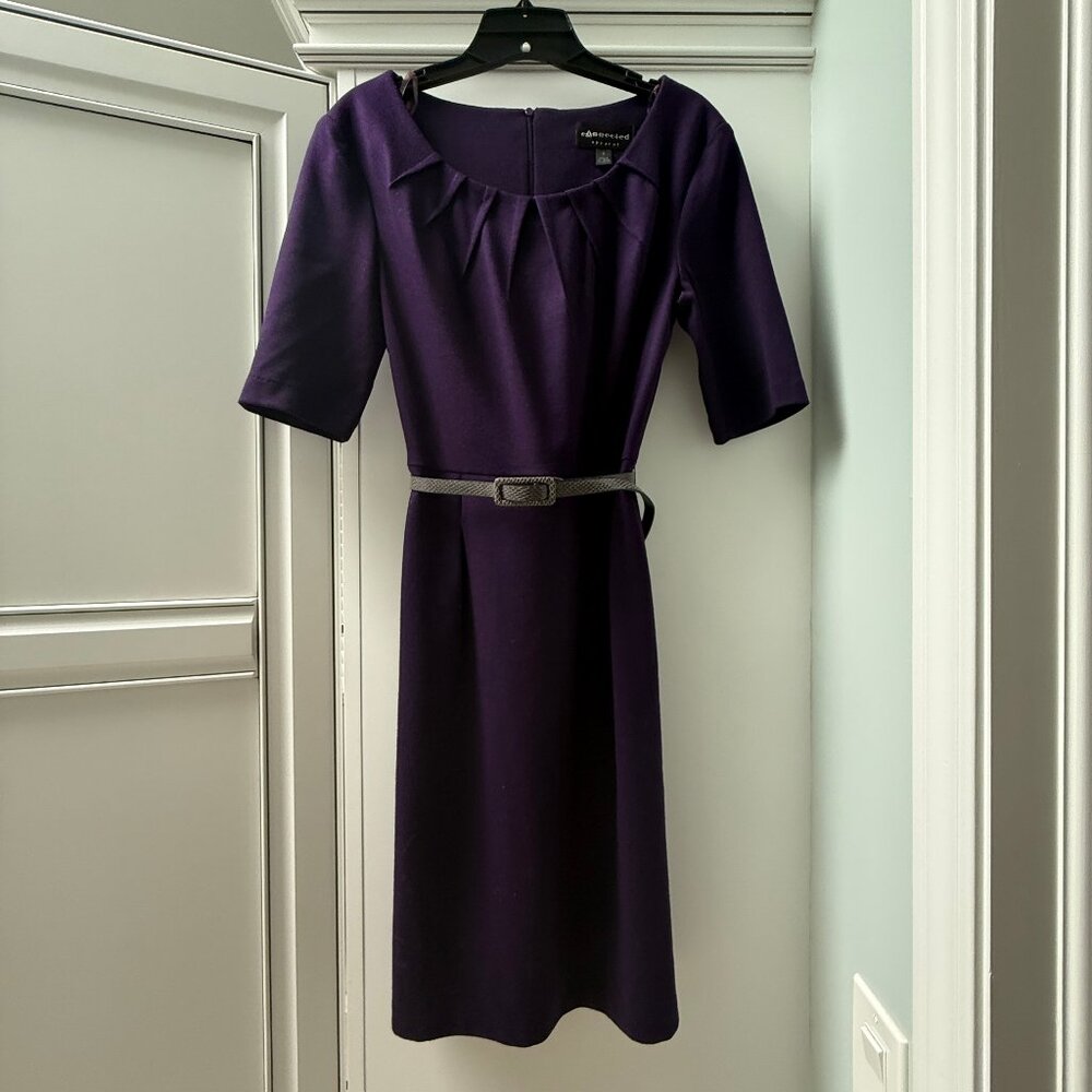 Connected Apparel Elbow Sleeve Belted Sheath Knit Dress, Size 8, Deep Plum